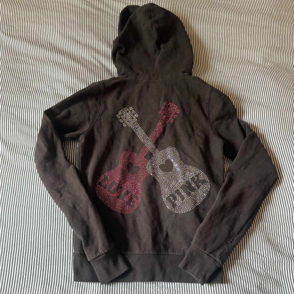 PINK Victoria's Secret Black Hoodie with Pink & Silver Rhinestone Guitars